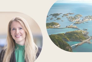 Ingrid Vestvik og naturbilde av broer mellom øyer 