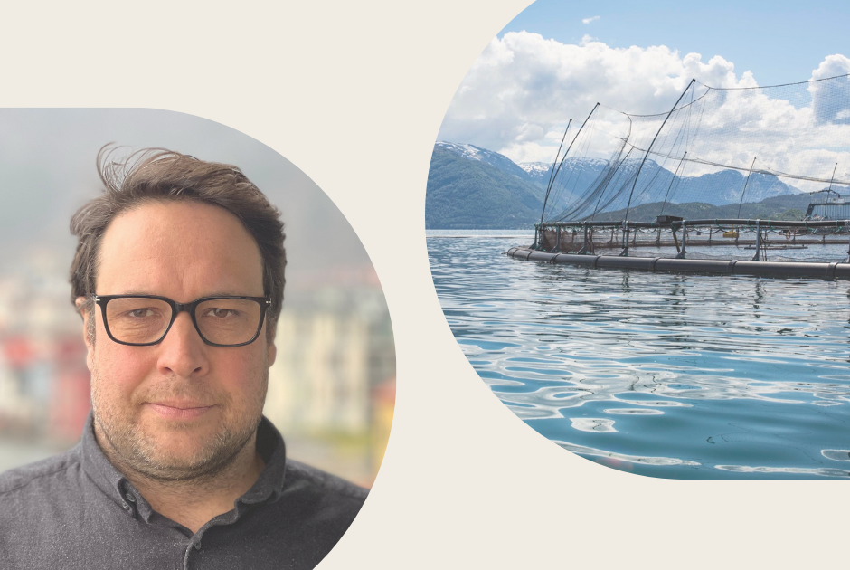 Mann med briller og lakseoppdrett