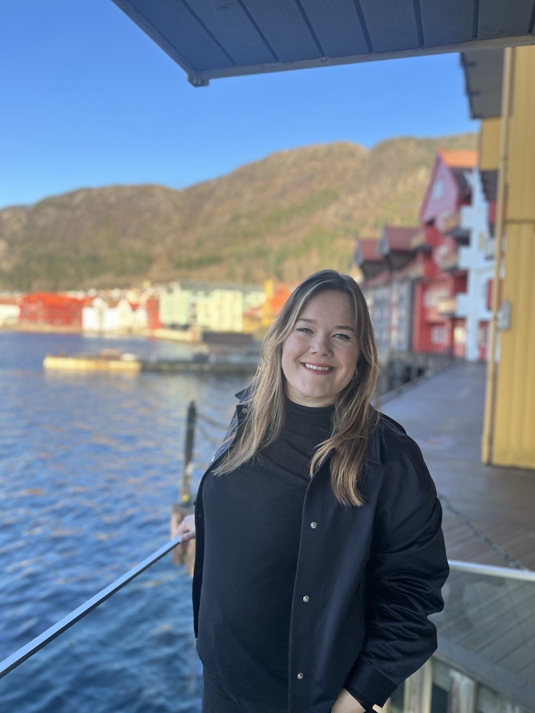 Lene foran solfylt sjø