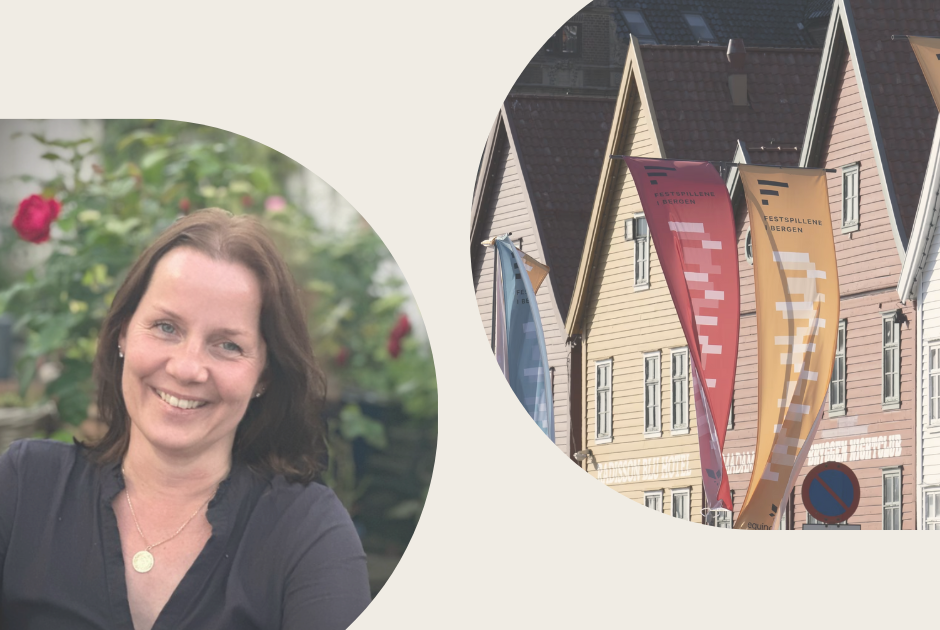 Maren Hjortland og Bryggen med Festpillene flagg som vaier i vinden