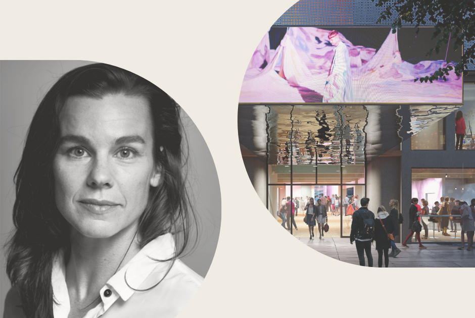 Maren Hjortland og Bryggen med Festpillene flagg som vaier i vinden